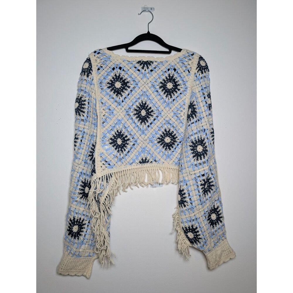 House of Harlow 1960 Boho Crochet Fringe Sweater One Size Blue Ivory Festival - Picture 2 of 8